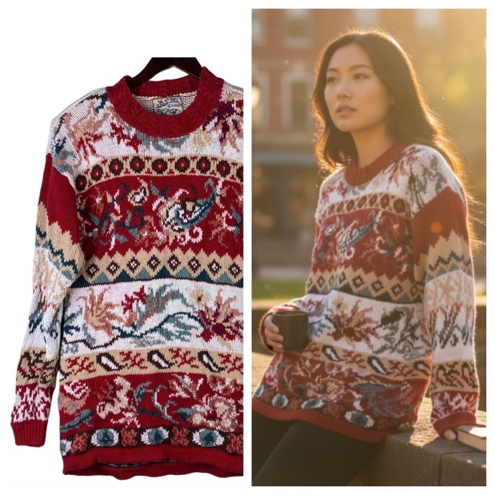 Vtg Heirloom Collectibles Sz Large 12 14 Sweater Floral Red Cottage Granny